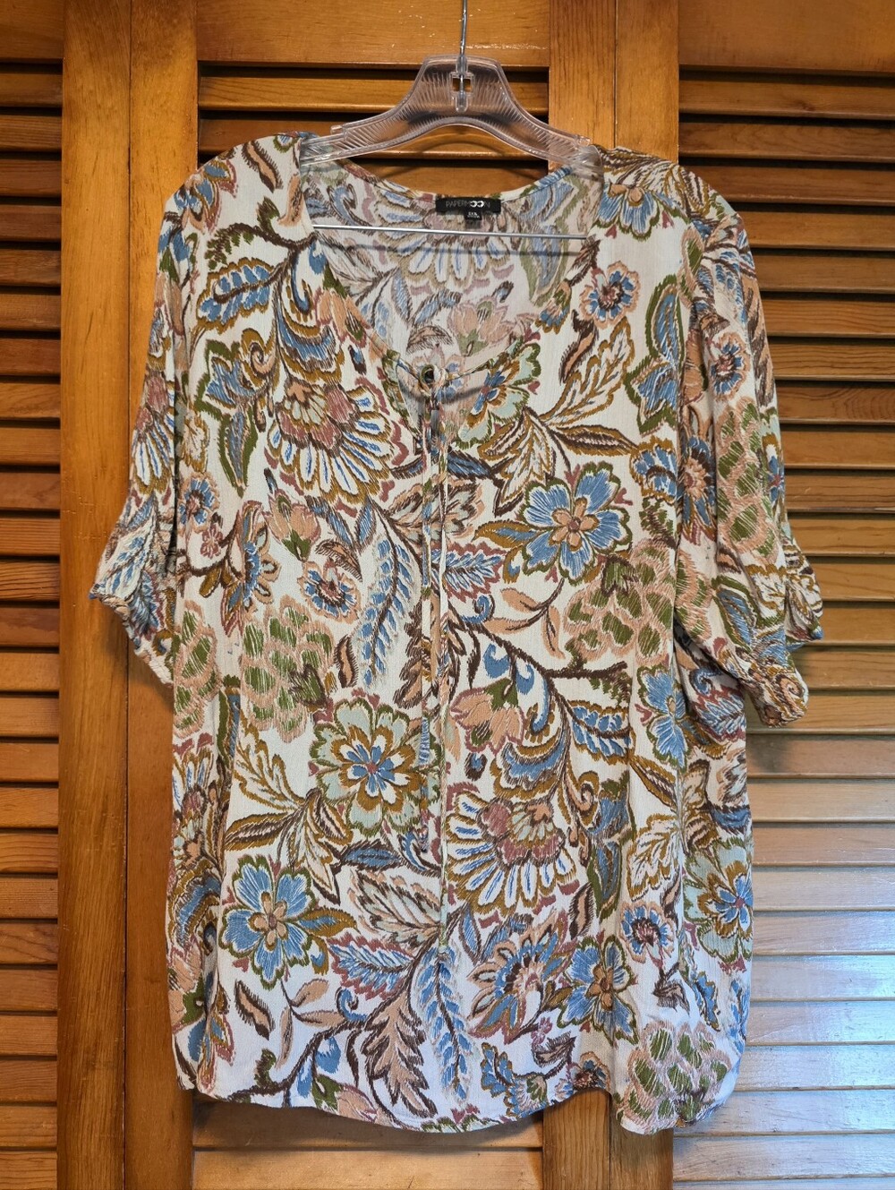 Paper Moon Boho Peasant Blouse Size 2X Floral Paisley Split V-Neck Lace Up EUC